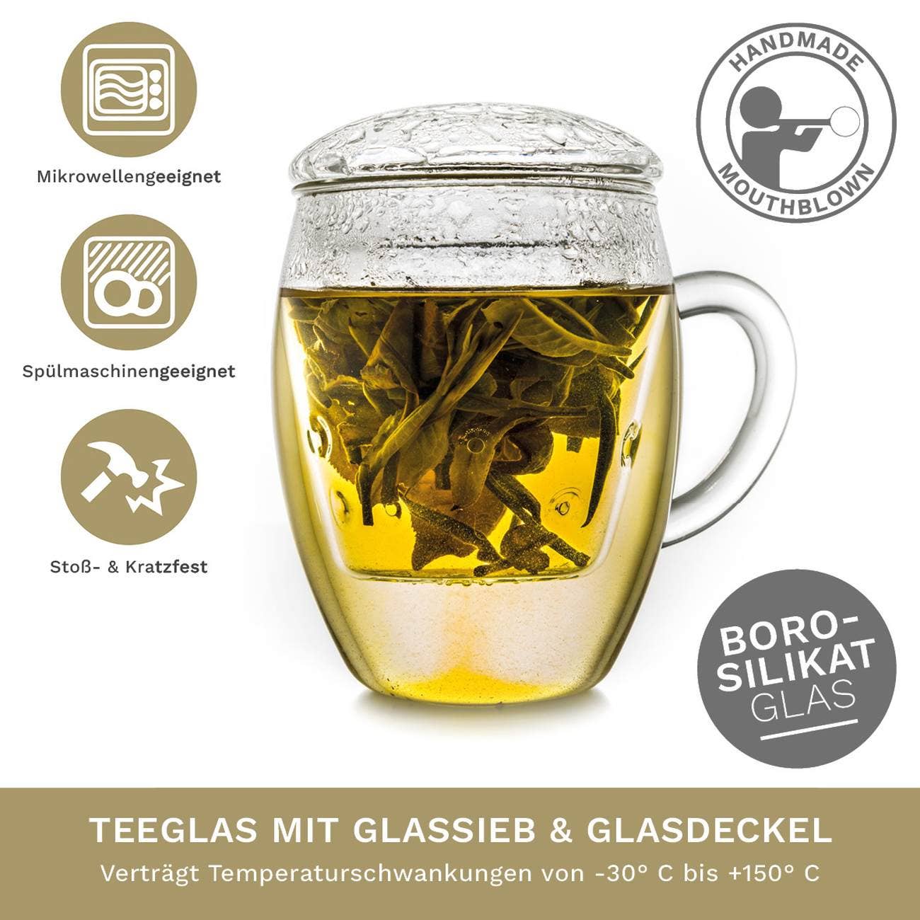 All in one Tea glass with glass strainer and glass cover
